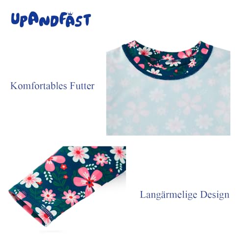 upandfast Baby/Mädchen Rashguard-Set UPF 50+ Badeanzug Mädchen Langarm Bademode(4 Jahre,Blau Blume)