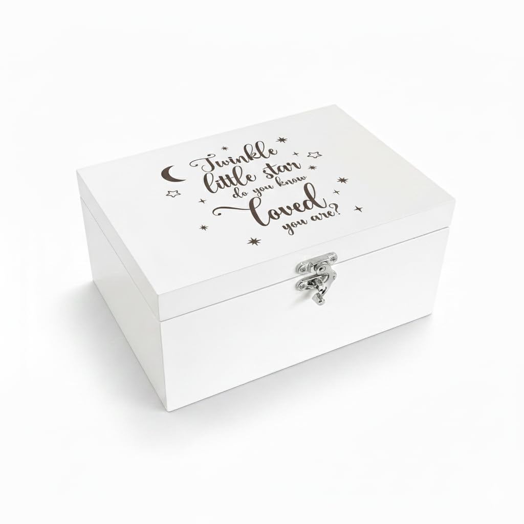 The Lovely Keepsake Company Unisex Infant White "Twinkle Twinkle Little Star, Do You Know How Loved You Are" Engraved Baby Memory Box | Wooden Keepsake Storage | Gift For New Parents, Baby Shower & Newborn | 30Cm X 23Cm X 18Cm