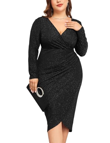 Image of ZOMVA Plus Size 0X-4X Sparkly Glitter Ruched Bodycon Midi Dress Sparkle Sequin Wrap Ruffle Sleeve Dress Cocktail Party Formal