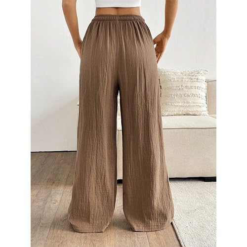 Women High Waisted Crinkle Straight Wide Leg Loose Casual Long Pants3