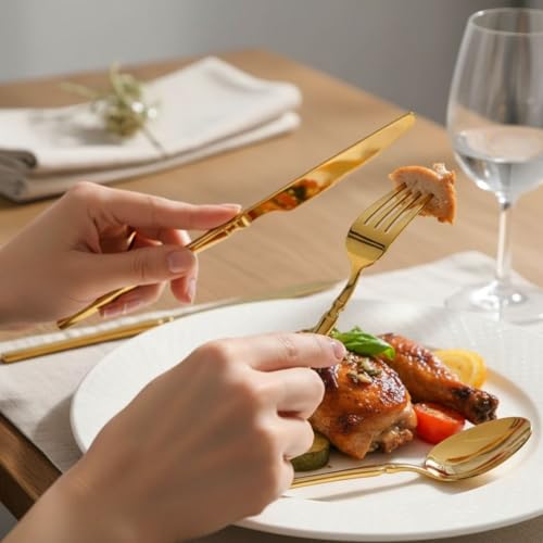 Image of 10 Pcs Gold Cutlery Set for Dining Table the Perfect Lightweight Silim Handle Tableware Including Dinner Spoon, Dinner Fork, Dinner Knife, Dessert Spoon & Dessert Fork