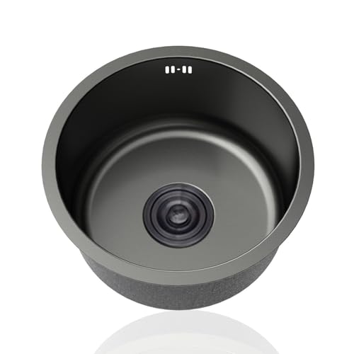 CZYWKDDPP Fregadero pequeño Redondo de Acero Inoxidable 304, Color Negro, Mini Fregadero Individual para caravanas con escurridor y rebosadero para Bares y restaurantes, Montaje bajo encimer