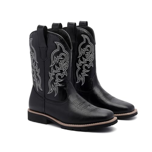 Cowboy Boots for Men PU Leather Embroidered Western Square Toe Boots with Slip Resistant Sole and Comfortable Fit