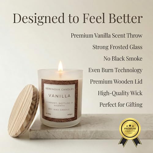 Image of SERENOVA Candles Soy Wax Scented Candle | Burn-time 40 Hours and Upto 60 Hours | 350gm | Handpoured and Handmade | Organic Soy Wax Candle | Aromatherapy Candle (Vanilla)