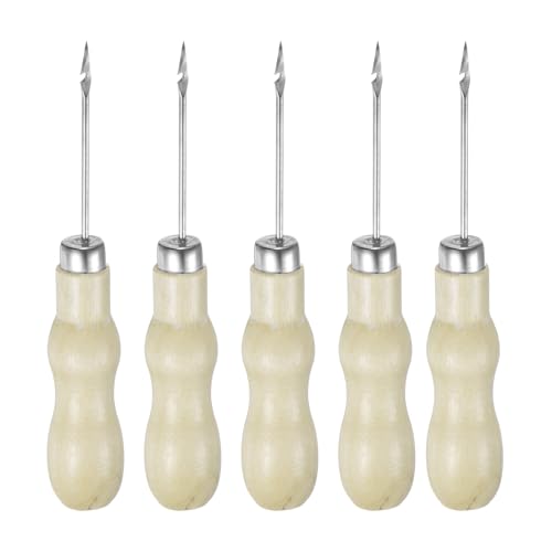 QUARKZMAN 5pz Punteruolo Cucito Lavoro Manuale Testa Doppio Gancio Zucca Strumento Forare Pelle Manico Legno Graffi Filo Rotto per Segnare Foratura Cucitura Riparazione Fare Mano Registro