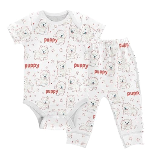 vvfelixl Cute Puppy Samoyed Baby Bodysuits Set,Baby Layette Sets Unisex Short Sleeve Babys Pants Sets 6-9M