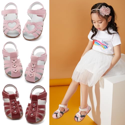 Image of Femizee Toddler Girls Leather Dress Sandals with Adjustable Strap | Toddler /Little Kids, Leather upper, Cushioned footbed, Hook-and-loop, Flexible Sole, Dressy summer occasions, Princess-style