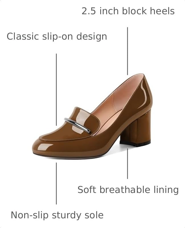 Image of Eldof Women's Pumps Block Heel Round Toe Slip On Chunky Loafer Heel Dress Shoes Pumps for Women 2.5 Inches