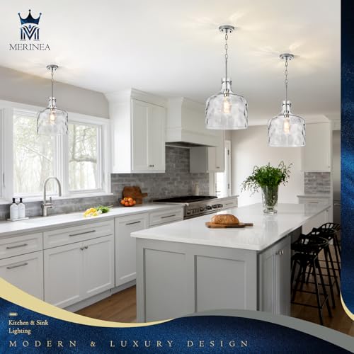 Image of 12 inch Chrome Farmhouse Pendant Light, Hammered Glass, E26 Hanging Light | Chrome hammered glass pendant light with adjustable chain, E26 socket, ideal for kitchen islands and dining rooms