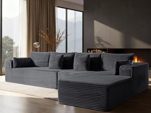 Image of 138 inch Oversized Cloud Sectional Couch, Comfort L Shaped Boneless Couch for Living Room, Extra Deep Seats No Assembly, Minimalist Modular Sofa, Corduroy (Dark Grey, 3 Seater+Right Facing Chaise)