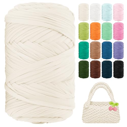 Image of T Shirt Yarn 130 Yards Beginner Crochet Tshirt Yarn 400g Elastic Fabric Thick T-Shirt Yarns for Crocheting, Knitting Bags, Baskets, Rugs, Coasters, DIY Crafts, Home Decor (Milky White)