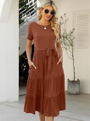 Image of Lyrur Women's Dresses Casual Summer Tiered Midi Dress Short Sleeve Belted Ruffle Babydoll Boho Sundress with Pockets