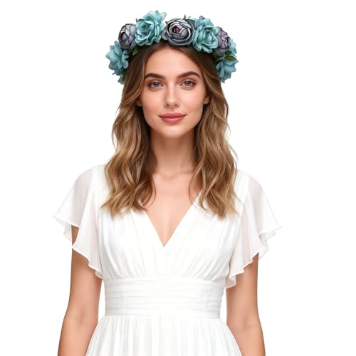 June Bloomy Women Rose Floral Crown Hair Wreath Leave Flower Headband with Adjustable Ribbon (Blue)