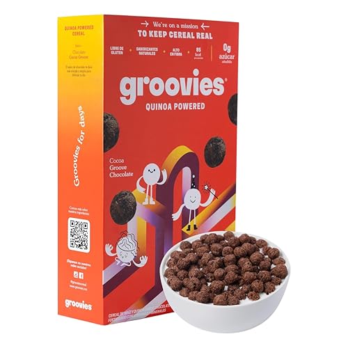 GROOVIES | Cereal de Quinoa con Chocolate Sin Azúcar Añadida | Alto en Proteína y Fibra | Sin Gluten | Snack Saludable para Niños | Ideal con Leche | 250 g | Libre de Sellos