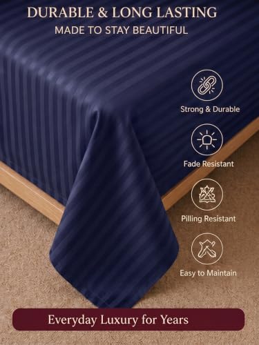 Image of Mafatlal 210 TC Italian Stripe Single Bedsheet Set with Pillow Cover (60 x 90 Inches) | 100% Cotton | Hotel Collection | Soft Breathable Flat Bed Sheet | Grey N Navy