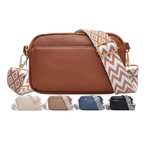 Bolsas transversais para mulheres, bolsas de ombro de couro vegano, bolsas femininas com alça larga ajustável, Marrom, Small
