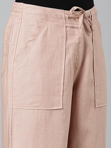 Image of GO COLORS Solid Linen Cargo Pants for Women | Full Length, Mid Rise, Side Pockets