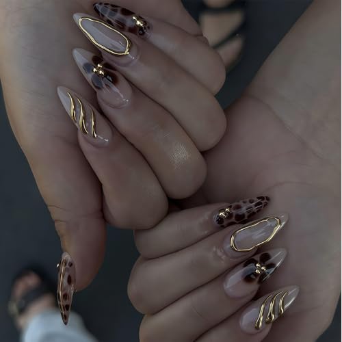 Xanthelle Faux ongles, 24 pièces ongles léopard amande moyen, faux ongles avec design fleur marron, ongles complets brillants, press on nails français été pour femmes