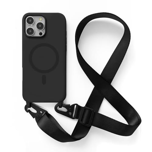 Coque iPhone 16 Pro avec lanière contre les chutes cordon noir et pendentif magnétique