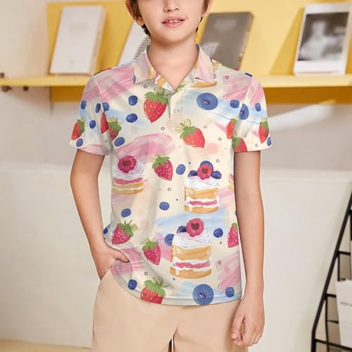 Boys' Classic Polo Shirts Short Sleeve Moisture-Wicking Golf & Tennis Shirts for Youth Teens Strawberry and Blueberry Cake2