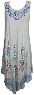 Mogul Interior Women Caftan Tank Dress White Floral Printed Sleeveless Coverup M