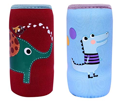 The Cheeky Kidzz Soft Reusable Baby Feeding Bottle Cover Sleeve Animal Printed Suitable for 120ml 150ml 220ml 240ml Slim Neck Milk Feeder Bottles (Pack of 2) (Crocodile-ELEPHNAT)