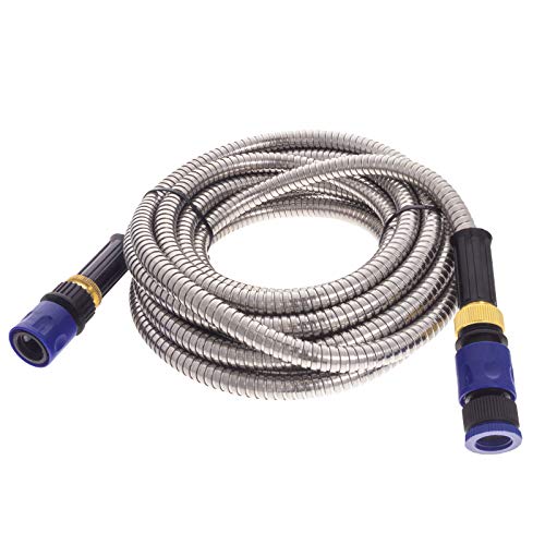 Preisvergleich Produktbild Smartfox Flexibler Edestahl-Wasserschlauch Gartenschlauch Panzerschlauch mit Schnellkupplungen in Silber mit 15m Länge