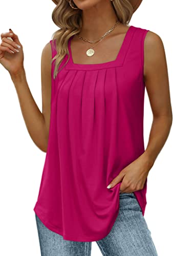 Image of Saloogoe Summer Tank Tops for Women Loose Fit Pleated Square Neck Sleeveless Tops Curved Hem Flowy