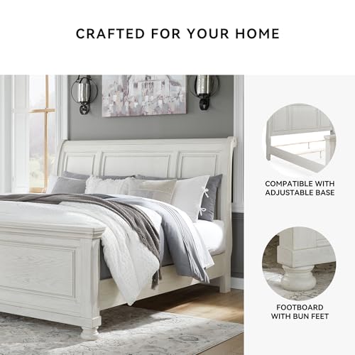 Image of Signature Design by Ashley Robbinsdale Queen Sleigh Bed, Antique White | Select oak veneer and solid wood components, Grain texture, Traditional sleigh queen bed, Requires box spring