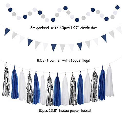 Decorações de festa de formatura azul-marinho branco-prata - 33 kits de bandeira, guirlanda de borla
