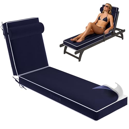 Chaise Lounge Cushions Outdoor 72x21x4 Inch, Patio Lounge Chair Cushions w/High Density Foam, 4 Inch Pool Lounger Cushion w/Removable Cover Handles, Fits Poolside Patio Outdoor Furniture, Navy Blue
