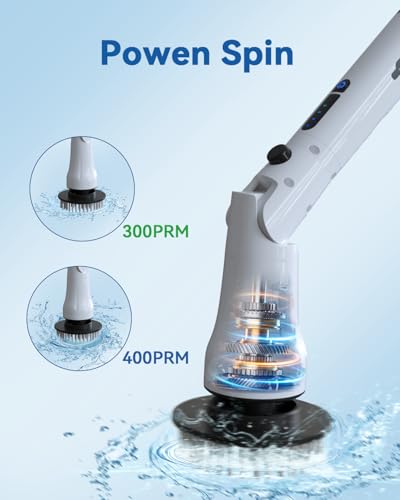 Image of Electric Spin Scrubber, Hillyfe Bathroom Scrubber Electric with 7 Replaceable Brush Heads, IPX7 Waterproof,300 /400 RPM, 3 Adjustable Length,Scrubber Brush Electric for Bathtub Floor,White