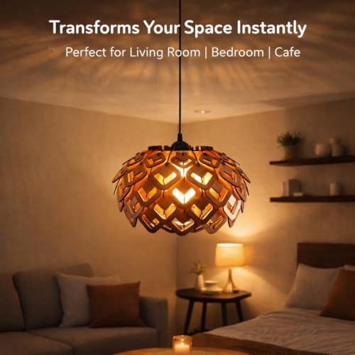 Image of Wood Pinecone Pendant lamp, Wooden Ceiling lamp, Wooden Hanging lamp handicrafted Home decore Chandelier Light (Lotus 1B)