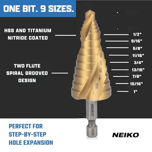 Image of NEIKO 10625A Step Drill Bit, 9 Steps 1 /2 inch to 1 inch Spiral High Speed Steel, Titanium Nitride Coated, 1 /4 inch Quick Change Step Bits for Steel, Metal, Wood, Plastic, Unibit Cone Drill Bits, Two Flute
