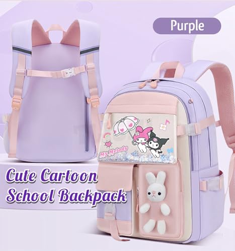 Image of Cute Pastel Contrasting Color Anime Cartoon School Backpack for Girls, Kawaii Large Capacity Bunny Bag, Lightweight Casual Travel Daypack Multi-Compartment Bookbag for Elementary School Kids