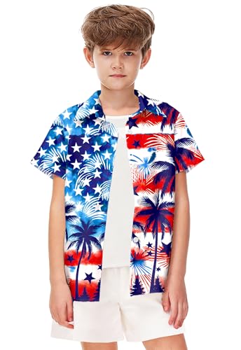 Image of Remimi Unisex Kids 4th of July Button Up Shirt Boys American Flag Print Hawaiian Beach Short Sleeve Tops 5-14 Years