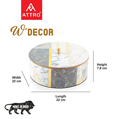 Image of Attro Marble Gold Designer Wooden Lid Box Round Multipurpose Box with Lid for Kitchen Storage Box, Chapati Box, Chocolate Box