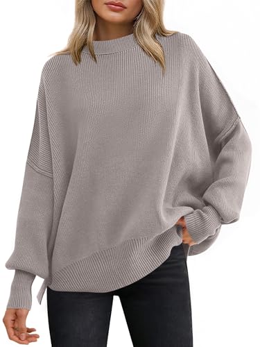 Image of ANRABESS Women Oversized Sweaters Batwing Long Sleeve 2026 Fall Outfits Crewneck Casual Knit Side Slit Fashion Pullover Top