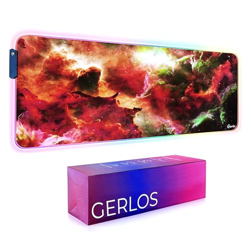 Image of Gerlos RGB Gaming Mouse Pad, Large LED Desk Mat, 31.5 x 11.8 Inch | 12 light modes, non-slip base, water-resistant surface, stitched edges