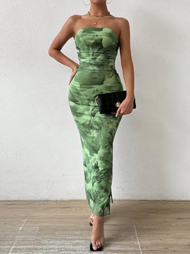 Image of LIGHT DOT Women's Summer Dress Printed Strapless Tube Bodycon Maxi Side Slit Mesh Layered