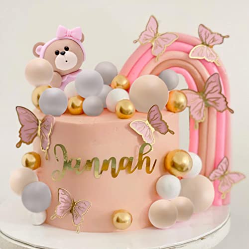 Queeke 25Pcs Teddy Bear Cake Topper Boho Mini Bear Cake Decorations With Gold Balls Butterflies For Baby Shower Birthday Party Gender Reveal Teddy Bear Themed Party Supplies #TOP3