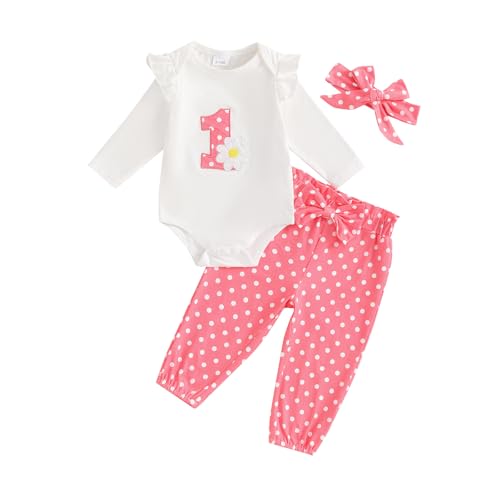 Image of BemeyourBBs Baby Girl First Birthday Outfit 1st Flower Long Sleeve Romper Cute Bow Pants Set One Year Birthday Clothes