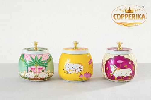 Image of Metal Pichwai Mix Color Dry Fruit Jar Box (Pack of 2) Heavy Build | For Dry Fruits /Chocolates /Decorative Serving Bowl Container /Return Gift /Diwali Gift Item