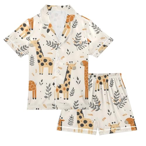 ALAZA Retro Giraffe Leaves Pajamas Satin Pajama Set Short Sleeve Button Down Sleepwear
