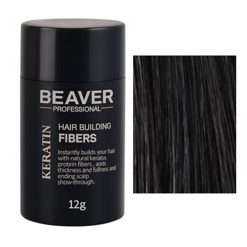 Beaver Hair Building Fibers – Instantly Conceal Thinning Hair & Bald Spots – Natural Keratin Hair Thickening Powder for Men & Women (12g - Black)