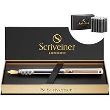 Scriveiner Silver Chrome Fountain Pen - Stunning Luxury Pen, Real Gold Plating, Schmidt Gilded Nib Broad, Bundle with Fountain Pen Ink Cartridges - Black - 20 Standard International