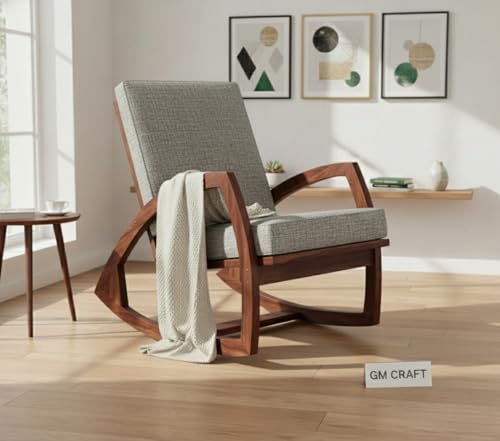 Image of Solid Sheesham Wood Rocking Chair for Living Room - Upholstered Relaxing Chair - Wooden Rocking Chair for Adults for Home Outdoor Indoor (Walnut, Kyrie)