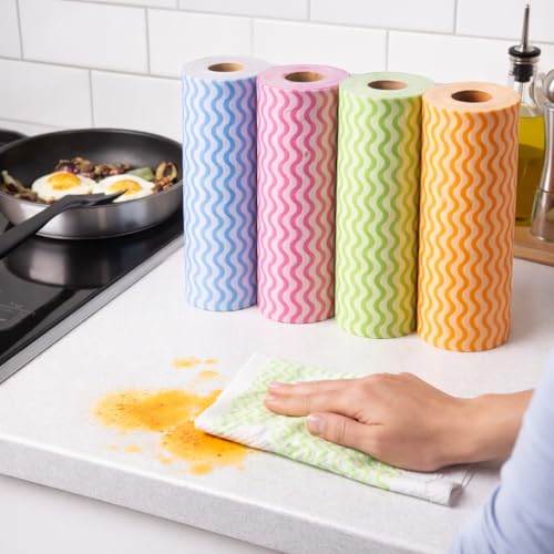 Image of Non Woven Reusable & Washable Kitchen Towel Roll | Ultra Absorbent, Antimicrobial & Anti Odour for Spotless Cleaning | Quick Dry Multi Purpose Hand or Machine Washable (4 Rolls, Upto 120 Pulls)