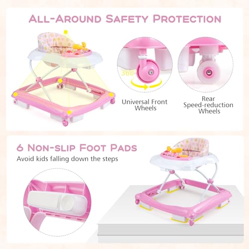 BABY JOY Baby Walker, 4 in 1 Foldable Activity Walker with Adjustable Height, Music, Lights, Anti-Rollover Toddler Push Walker, Baby Walker with Wheels for Boys Girls 7-14 Months (Pink) - Thumbnail 4