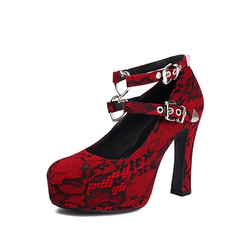 Women's Mary Jane Gothic Close Round Toe Platform Pump High Heels Double Heart Shape Anckle Straps Shoes